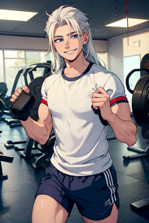Muscular man showing off muscles, white hair, short hair, red eyes, at cafeteria, sipping cup of coffee, unzipped pants under the table, public, gym clothes