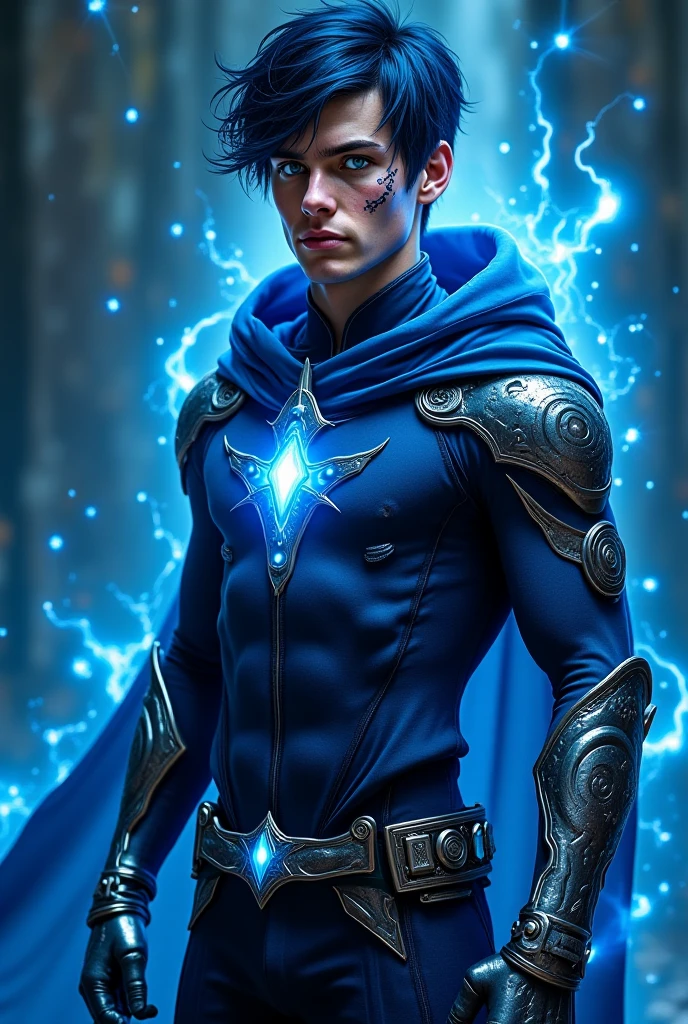 His appearance was a striking mix of beautiful and unsettling, with vibrant blue hair and an aura of crystals surrounding him, giving off an air of chaotic elegance. His human features were marked by disturbing details: pale skin as white as snow, with eyes that glowed gold in their irises. Upon closer inspection, subtle runes and details danced just above the surface, especially on his clothes, seeming alive and pulsing with internal energy akin to black lightning. His armor covered his body completely, fitting like a second skin. A cloak that covered his entire body, hiding the light of his energy.