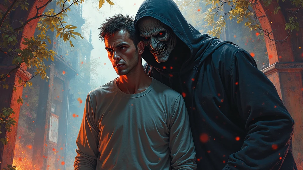 realistic and ultra-detailed image in 8k of an undead man with brown skin, demonic expression, short hair, macabre smile, red eyes, dressed in a denim jacket and jeans, next to a giant tree in a nocturnal forest, dark horror film photography
