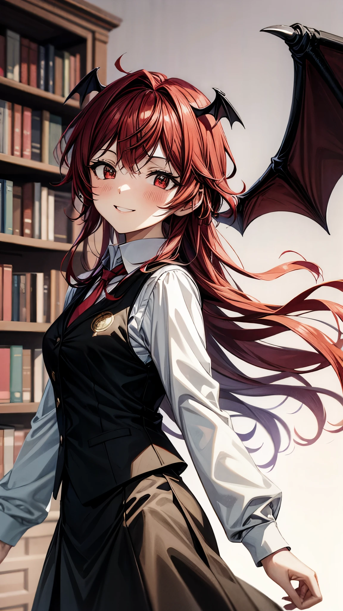 (Ultra High Quality,Ultra High Definition,16k,super masterpiece,Ultra HD , detailed shading and background,)one girl, long red hair with ocean print,bat feathers on the head, devil's wings on the back, white long sleeve shirt,Black vest,black skirt,smile,blush,The library where the sun shines,