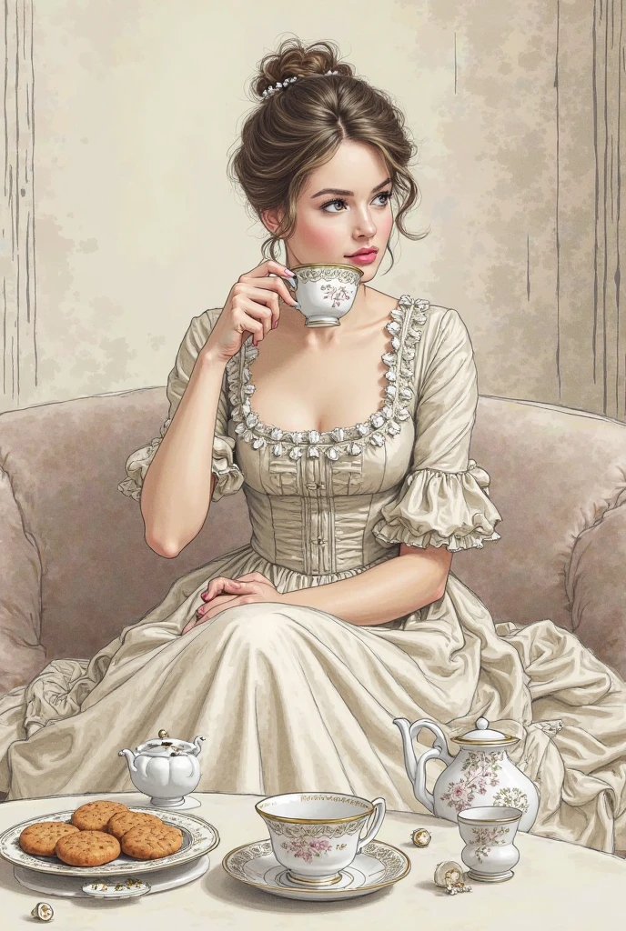 Girl with long wavy blonde hair, brews 1 cup of coffee in a turk, She is wearing a bright azure transparent chiffon dress with white lace, the style of the artist John Singer Sargent, eye contact, 8 K,12K,