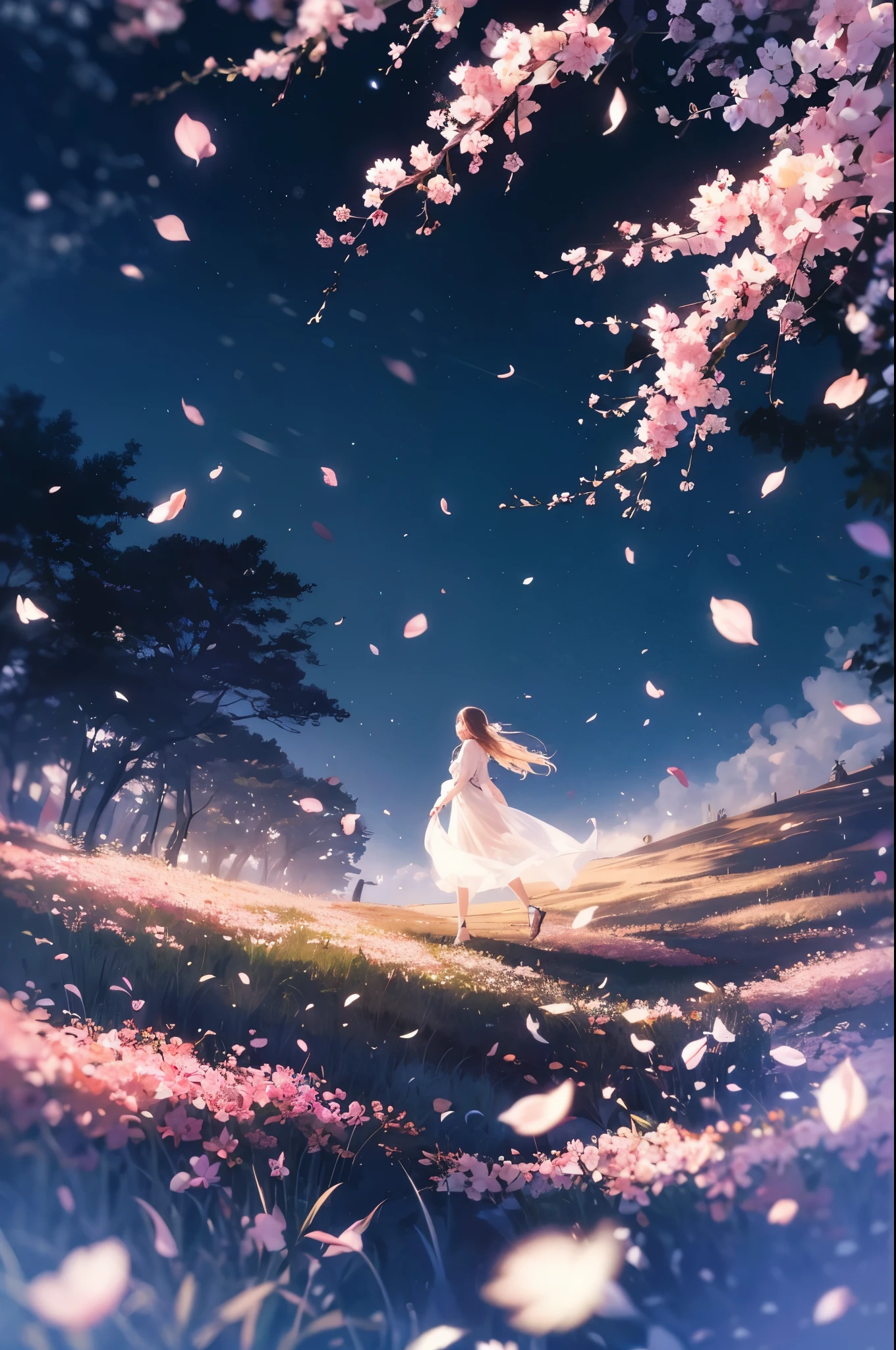beautiful, Women Are Walking, Windless Prairie, night, 
 BREAK Multiple Exposures , Permeable Overlay, Cherry Blossom Petals Dancing in the Wind, 0__11Xx _illu, Detailed and Charming Cherry Blossoms, 
Let the wind blow in the windless scene, 