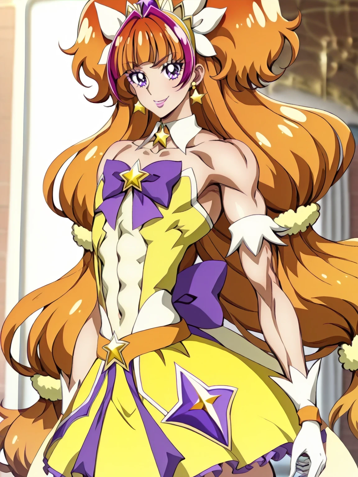 score 9 、score 8 up、score 7 up、masterpiece、Highest quality、High Resolution、anime coloring、1boy 、cure twinkle、(male:1.7)、Anime picture of a man with long hair in a dress、alone、 long hair、 orange hair 、low tied long hair、multicolored hair、 Hair、two tone hair、streaked hair、blunt bangs、twintails hair、high twin cone hair bun、low two side up hair、 purple eyes、yellow mini dress 、purple frills under yellow mini skirt、layered skirt、Jewelry brooch 、 V line around waist 、Muscular and strong、 white boots、strapless dress、 sexy、thigh boots、Strong muscles、Yellow Miniskirt、purple bow、purple high leg cut panty、yellow bow、purple high leg cut panty under yellow mini skirt、Sparkling Magical Boy、 a sexy atmosphere、 Prince of Power 、ultra mega super hyper sexy、 Masculine and Disguised 、(manly:1.5)、!!full body portrait!!、むき出しの肩、Bare Arms、Bare Crotch 、bare thighs、wrist cuffs、purple bow tie、Orange belt、collarbone、covered midriff、covered abs、covered navel、 covered stomach、upper pectoralismajor、pectoralis major、biceps、biceps long head、biceps short head、triceps、triceps medial head、triceps lateral head、triceps long head、deltoids、anterior deltoids、middle deltoids、posterior deltoids、thigh muscles、 Magical Boy's Style 、sexy male、lewd male、 magical aura、perfect body、perfect hands、perfect arms、perfect legs、 male focus、looking at viewer、cure twinkle costume、alone focus、cowboy shot、(male body:1.7)、beefcake style、(manly face:1.65)、