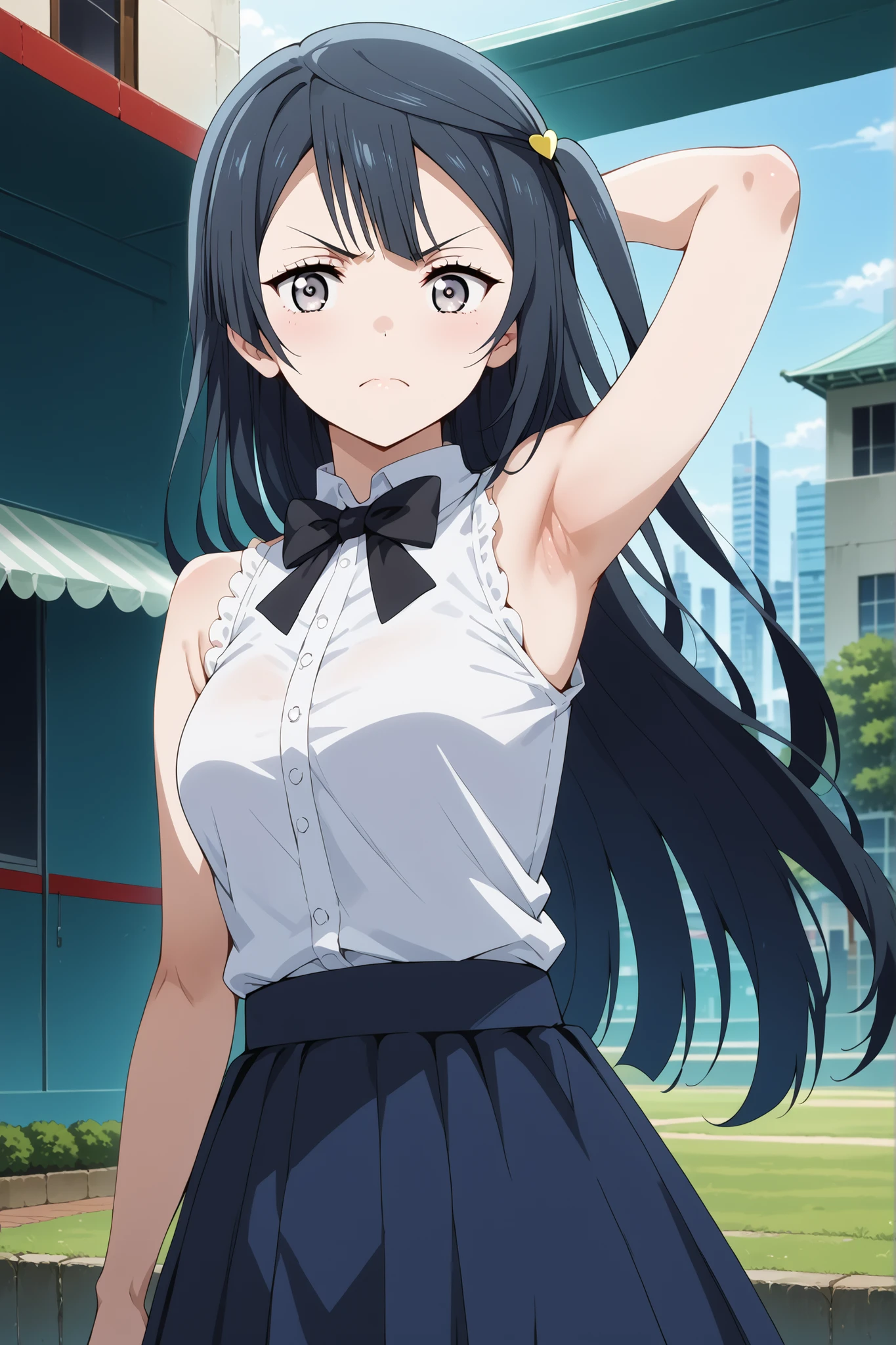 score_9, score_8_up, score_7_up, source_anime, 4K,perfect fingers,(perfect hands, perfect anatomy),prefect lighting, very aesthetic, intricate details,highly detailed background, masterpiece, high quality, best quality,
1girl, setsuna yuuki, yuuki setsuna (love live!), long hair, bangs, black hair, sidelocks, grey eyes, one side up, hair ornament, Large Breast,,
wearing ((black bowtie,white shirt,sleeveless, off shoulder, )),,
looking at viewer, (cowboy shot:1.5),armpits,arm up, (angry),