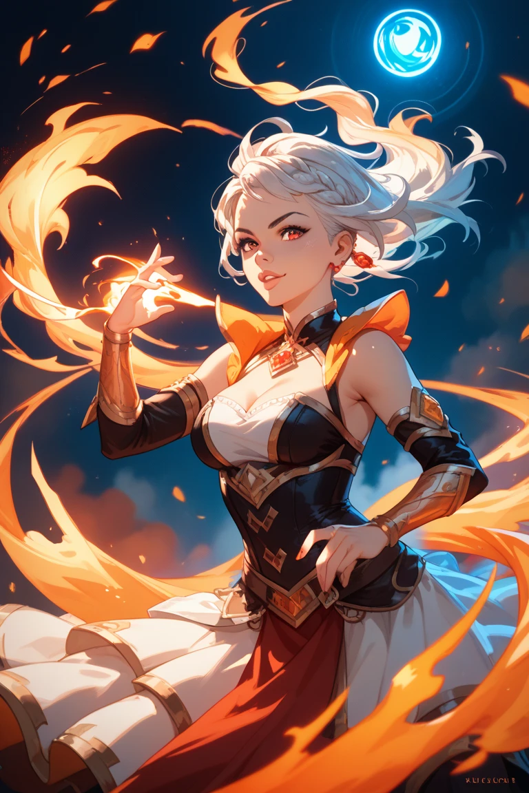 Dark skin, female, medium breasts, short, slender legs, Egyptian, sun god, fire, midriff, stomach, short skirt, embellished crop top, silver hair, red amulet,