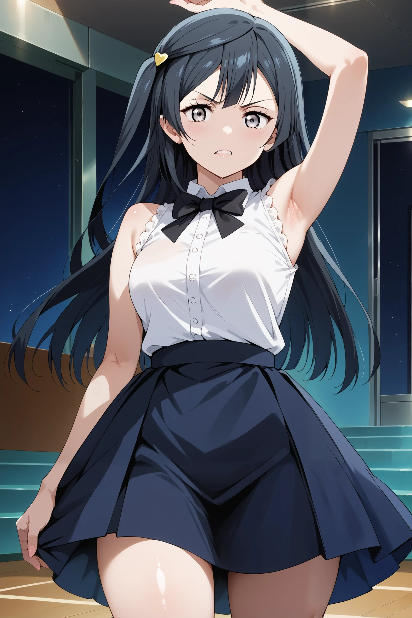 score_9, score_8_up, score_7_up, source_anime, 4K,perfect fingers,(perfect hands, perfect anatomy),prefect lighting, very aesthetic, intricate details,highly detailed background, masterpiece, high quality, best quality,
1girl, setsuna yuuki, yuuki setsuna (love live!), long hair, bangs, black hair, sidelocks, grey eyes, one side up, hair ornament, Large Breast,,
wearing ((black bowtie,white shirt,sleeveless, off shoulder, )),,
looking at viewer, (cowboy shot:1.5),armpits,arm up, (angry),