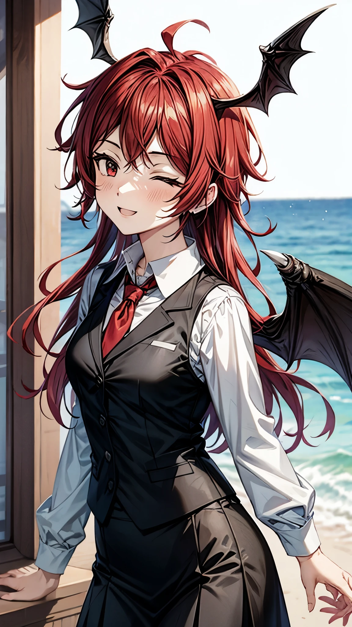 (Ultra High Quality,Ultra High Definition,16k,super masterpiece,Ultra HD , detailed shading and background,)one girl, long red hair with ocean print,bat feathers on the head, devil's wings on the back, white long sleeve shirt,Black vest,black skirt,smile,blush,The library where the sun shines,