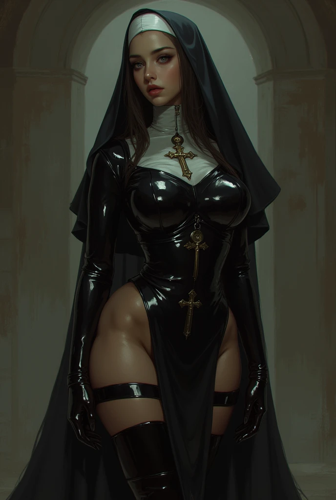 Masterpiece, superlative, girly, brown, thin waist, high heels, pantyhose, looking at viewer, from below, full body, legsupsexms, pantyhose, full body, long hair, high heels, short sleeves, jewelry, brunette hair, hood, hand on hip, full body, standing, black long dress, word stand, necklace, belt, watson cross, shut up, hood, necklace, gray background, hands on hip, nun , unparalleled masterpiece, perfect work of art, (1 Girl: 1.1), (Perfect Female Figure)), (NSFW), Looking at the Audience, Mature Female, Bimbo (Android 18) Standing, Best Quality: 1.1, Seductive Pose, Sexy Pose, Seductive, (Beautiful), (Curved), (Thick), Earrings, Jewelry, Black Stockings, (Big Tits: 1.0, Black and White Tight Robe!) , latex clothing, nun costumes, nun fashion models, --auto --s2