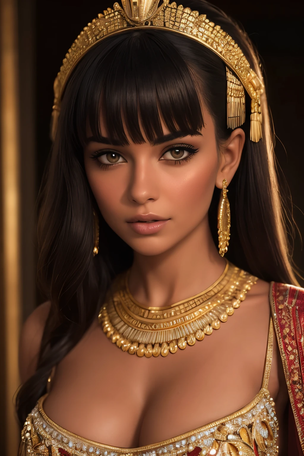 masterpiece,best quality, ultra highres,8k,16k,delicate photography, sharp line, sharp focus, (perfect anatomy:1.5), RAW photo, resolution, realistic ,ultra detailed,sharp focus,RAW photo,white,Cang,black,UHD,
break,
beautiful lady,
beauty hair,black One Length Bob hair,(blunt bangs:1.3),long lashes,Straight nose,
BREAK,
An ancient Egyptian queen with breathtaking beauty and a perfect figure. She has large breasts and wears a dazzling, ornate outfit adorned with gold and jewels. Her regal presence exudes elegance and power, with intricate accessories and a luxurious Cobra headdress.Ancient Egyptian Streets,
break,
Photo style,A magnificent composition,golden ratio,Fibonacci spiral composition,dramatic lightning,sinematic,epic scale,
BREAK,
large breasts,huge breasts,