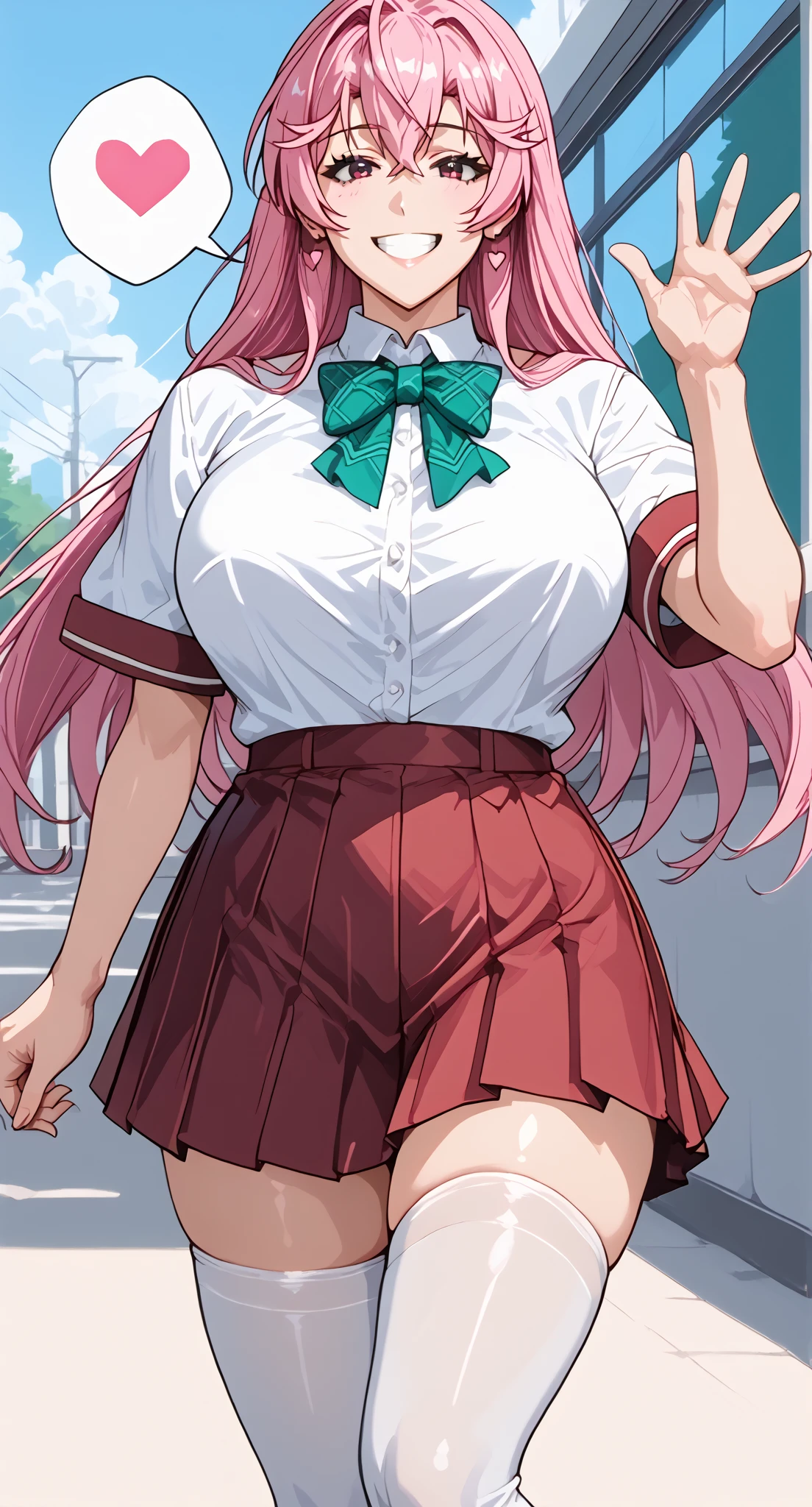 ((masutepiece, Best Quality, hight resolution, nffsw, Perfect Pixel,  4K, nffsw, nffsw))), 1girl in, Single, Solo, Beautie、full body seen、 ((Middle Wave Hair, Bangs, Purple hair)), ((verd s eyes, Beautiful eyelashes, Realistic eyes)), ((Detailed face, Blushing:1.2)), ((Smooth texture:0.75, Realistic texture:0.65, Photorealistic:1.1, Anime CG style)), huge-breasted,big butts、thick thighs、 Dynamic Angle, Perfect body,  ((red bowtie, School uniform, , White shirt, Black skirt, plaid skirts)), City staircase、Looking up from the bottom of the stairs、very embarrassing panic、(the wind blew my skirt, expose my panties......................、light blue pantie)、