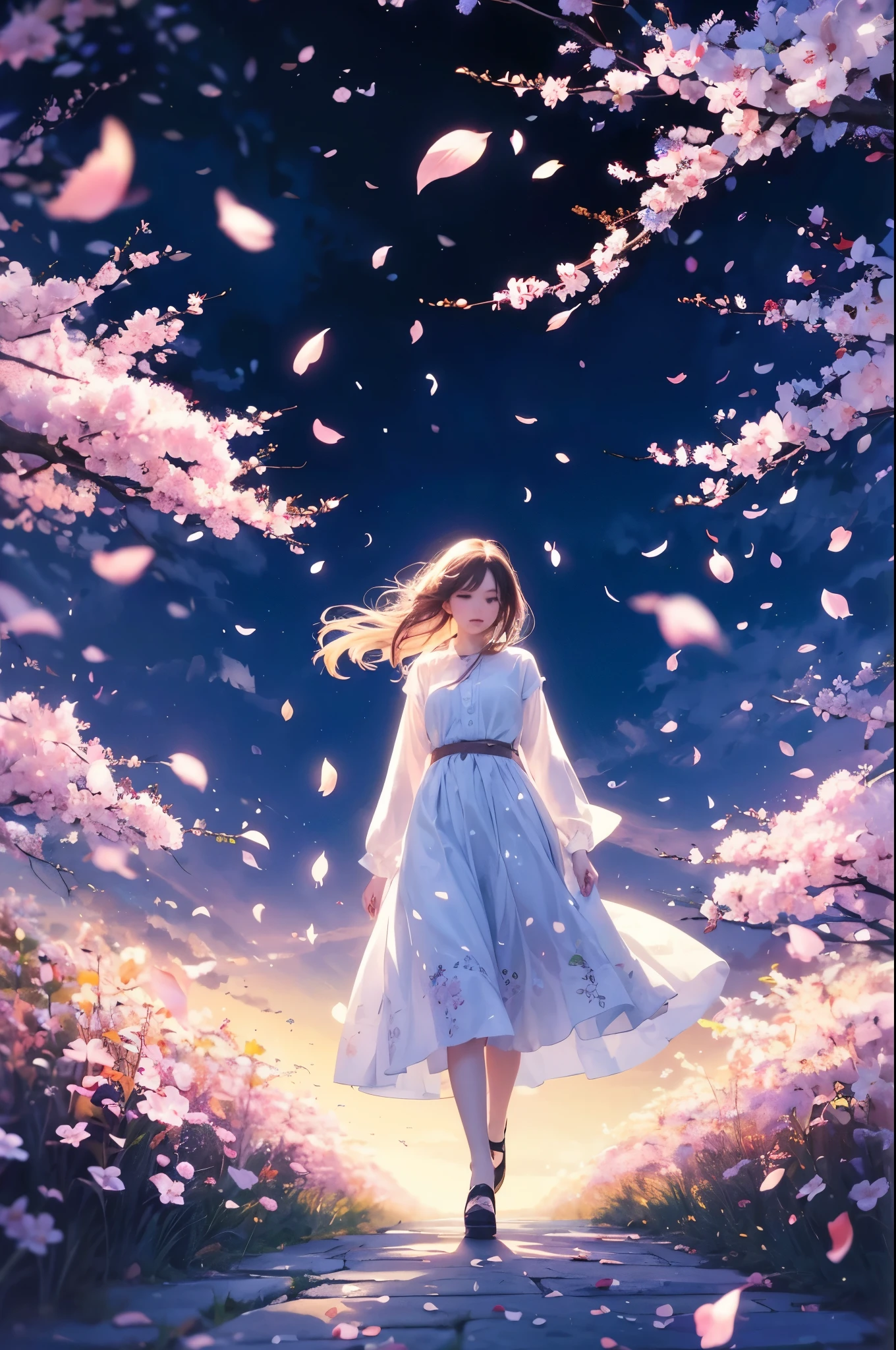 beautiful, Women Are Walking, Windless Prairie, night,
BREAK Multiple Exposures , Permeable Overlay, Cherry Blossom Petals Dancing in the Wind, 0__11Xx _illu, Detailed and Charming Cherry Blossoms,
Let the wind blow in the windless scene,