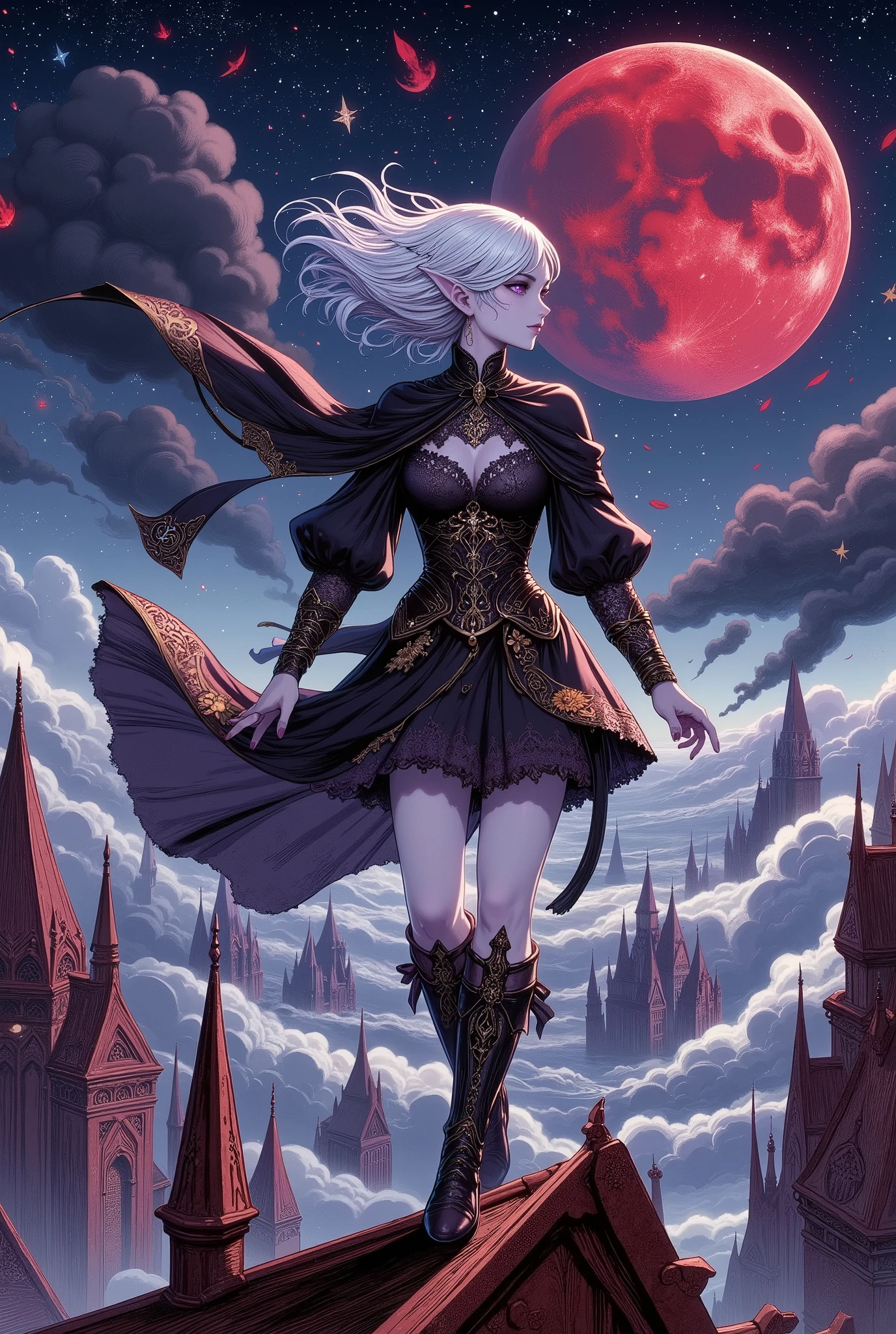 (Ultra-detailed face, Looking away, Gothic Illustration, Dark tone colors. She has five fingers on her hands and five toes on her feet.), BREAK 
(The night sky with a blood-red moon rising. A red rusted city with many Gothic style spires standing like needlepoint mountains. The landscape looks up at an angle from the ground to the sky. The wind is swirling like a hurricane, blowing a fierce updraft from the ground to the sky. The flow of the wind is depicted by thin white glowing lines.), BREAK 
(A young female dark elf rogue, boldly posed, walks on the roof of a spire with red rusted floating tacks, gears and pipes exposed, looking down on the city.),  BREAK 
(The dark elf woman has white hair, white eyebrows, blunt bangs, waist-length long wavy hair, small pink lips, sparkling lavender eyes, clear white skin, and thick eyeliner. Her hair is blown up into the air.), (She wears a jet-black ribbon tie and a short, tight, jet-black cape dress made of a raven-feather-like fabric with golden lace ruffles and embroidered yellow sunflowers. She wears knee-length boots with black ribbons.)