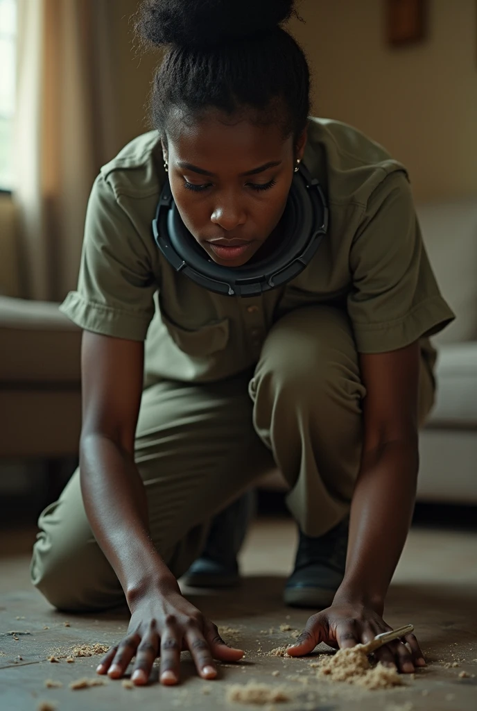 Closeup view of an outdoor skinny but athletic black female prisoner wearing a dark gray (CAP SLEEVE) shirt with poorly and unevenly cut sleeves. Her armpits are sweating badly. She is tied down to the restraint chair in prison, with her arms tied very high to the ceiling. She is in a situation where she is strapped down to a prison chair with her arms raised by a rope. She is also wearing very loose, flappy, dark gray prison shorts. capsleeves are very wide, leaving her armpit skin fold fully visible and exposed. Cap sleeves are designed to cover the shoulder but not extend fully over the arm, often ending just past the shoulder. In this case, the woman's cap-sleeve shirt is short enough that her armpits are visible. This could be due to the design of the shirt, or it could be a result of the pose she's striking. backlit
