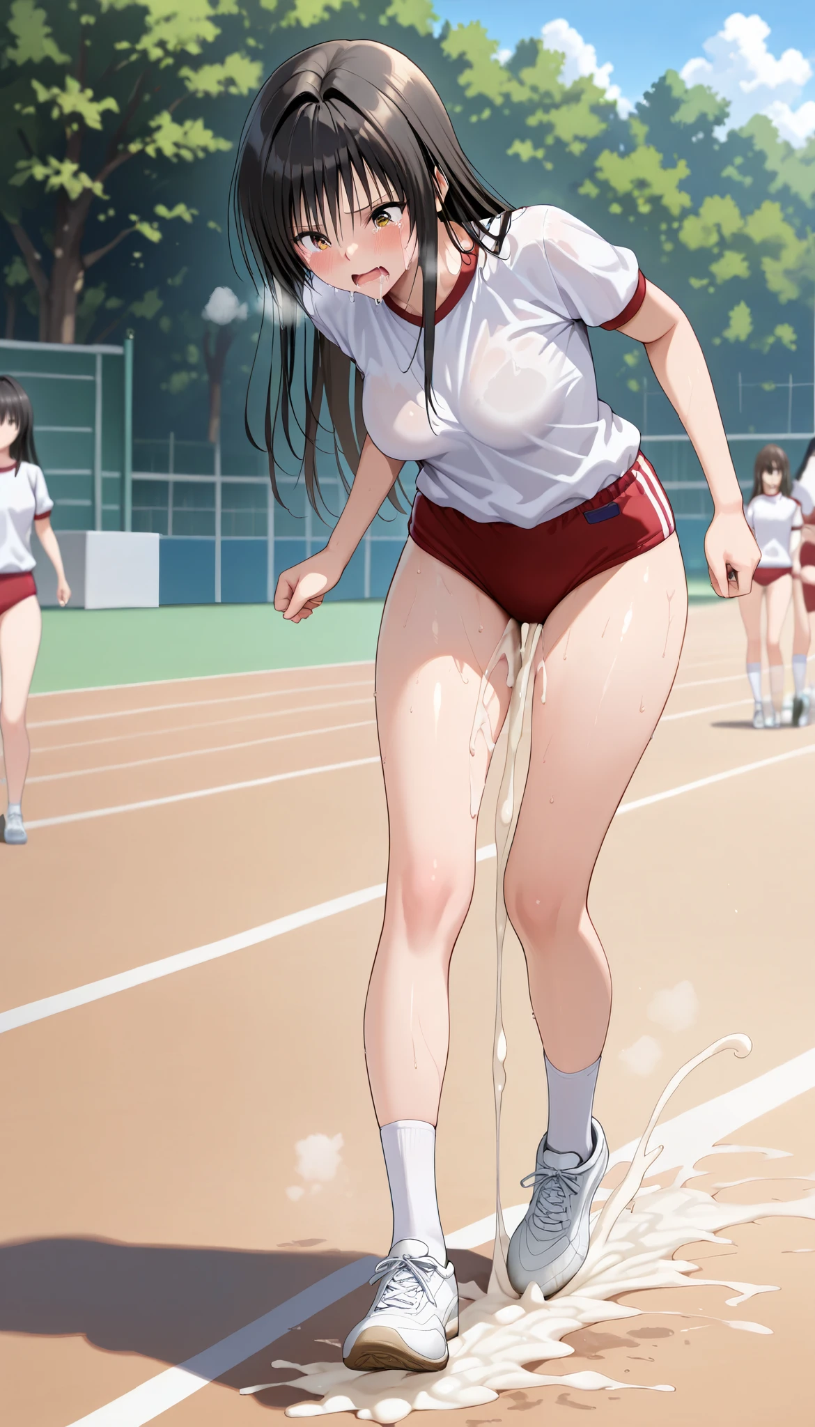 (masterpiece,best quality:1.2,amazing quality,very aesthetic,absurdres,newest,realistic), Kotegawa yui, to love-ru,1woman,(adult:1.2),(very small head:1.2),medium breasts,(ideal ratio body proportions:1.2,slender body:1.3,thin:1.2),black hair,long hair,tears,crying,embarrassed,drooling,rough breathing,after sex,sweat,school gym red buruma,excessive cum,white t-shirt, white socks, white sneakers,(run,Foot race),Schoolyard,daytime,