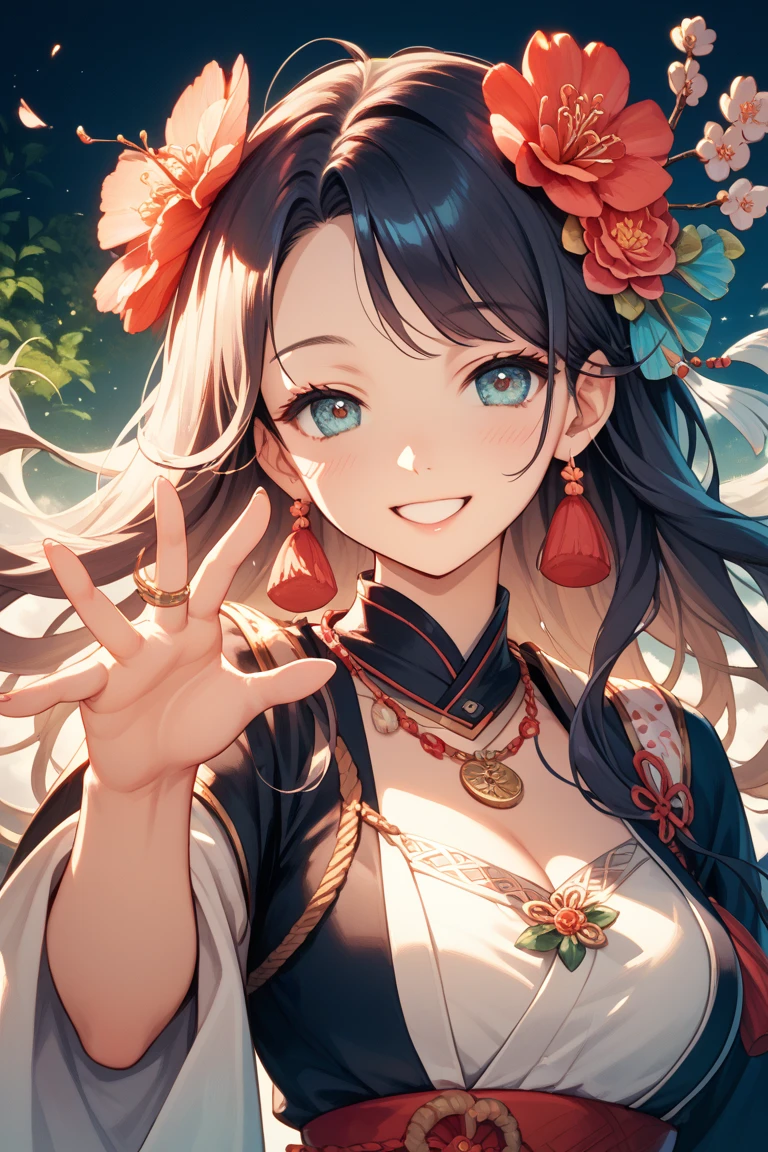 (((anime))) A woman with one eye closed,Gal,Long Hair,(Black Hair),Diagonal bangs,necklace,smile,Showing teeth,Red eyes,Big eyes,uniform,Volume sleeve,peace sign,classroom,sunlight,masterpiece,Highest quality,Exquisite,8k,Absurd,Ultra-fine illustrations,(View your viewers)