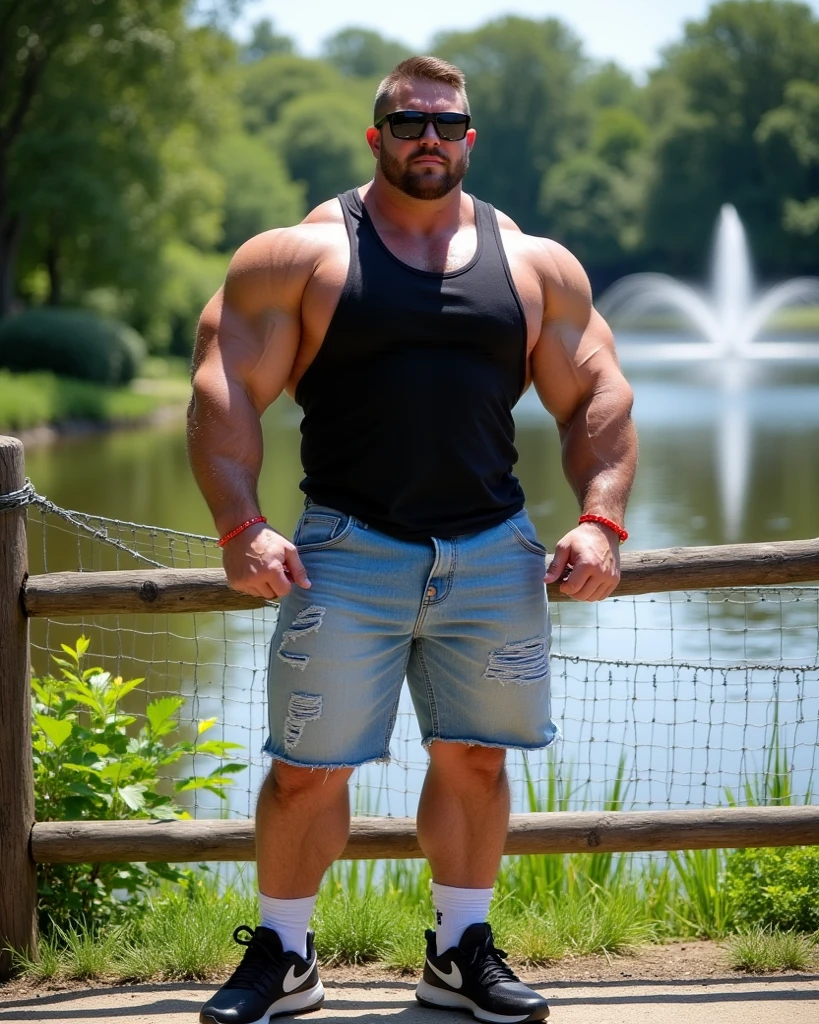 (handsome mature man), (50 yo), white man, wearing a tank top and sport shorts, bulge, (beefy:1.3), beard, looking at viewer, beautiful man, detailed eyes, symmetric face, smirk, robust,