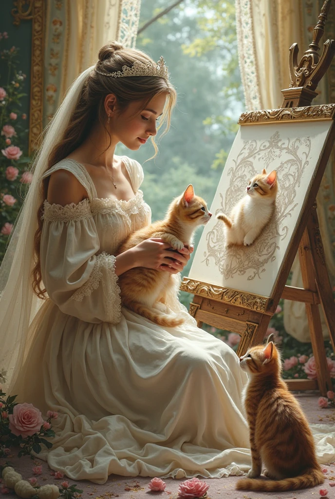 (A kitten、😇、A smile、😌🥰Archaic Smile).hyper realstic、Ultra-realistic、Depiction of the human body without distortion、Monna Lisa、Woman in Arms、Near and far law、Three-dimensional、Contemporary painting、moderno、world masterpiece、collection、Homage to the art or artist work of Picasso and Renoir, Not sentimental、Excellent portrayal、Gentle expression、More detailed character faces, Serious competition、Compositions like paintings、(Konmutsuki_Gacha_Series 1, punk_rosette), Realistic、Delicate brushwork、aqua color flowers, (Full body, elegant flowers background)