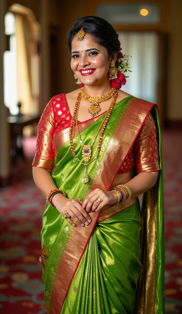 Indian, bob cut hair, armpit, saree, full length body photograph, looking straight at the camera, big cute smile, sexy figure