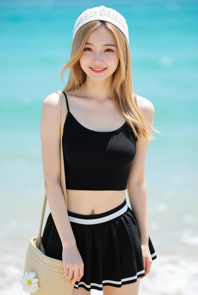 Highest image quality,Outstanding details,超高分辨率,(Fidelity:1.4),The best illustration,Favor the details,Highly cohesive 1girl,He has a delicate and beautiful face,Human real skin texture,Pale yellow top,a skirt,tight-fitting,long whitr hair,The background is by the sea,Legs exposed,black lence stockings,Light and shadow tracking,The body proportions are perfect,sandbeach