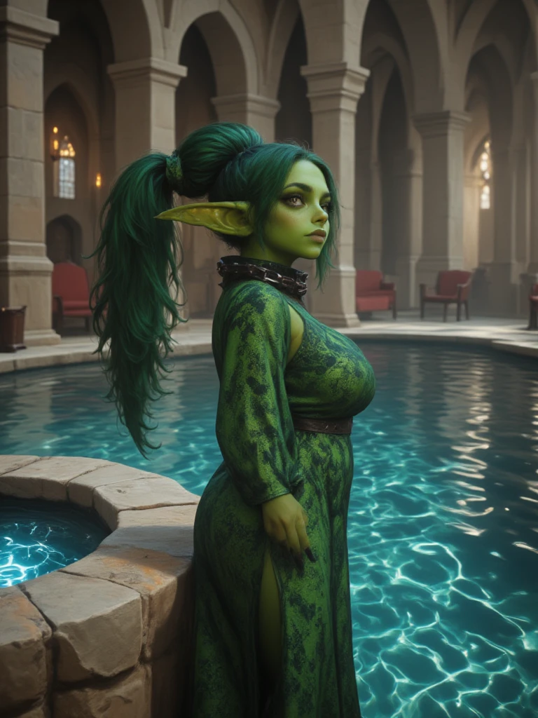 UHD 8k, HDR+, cartoon women with green face and white hair, green skin, goblin girl, DnD character, female goblin portrait, green skin, fantasy goblin Drak, green orc woman, goblin art, D&D goblin rogue, goblin theme, goblin, goblin woman with necklace, big piercing eyes, huge earrings, giant earrings, blonde hair, earrings, lips, eyelashes, tattoo, heavy makeup, piercings, ear piercings, jewelry, gold bracelets on which she holds her hands , tight black gothic dress, black high heels heels, high heels, legs, full color illustration, epic full color illustration, 16k, FHD