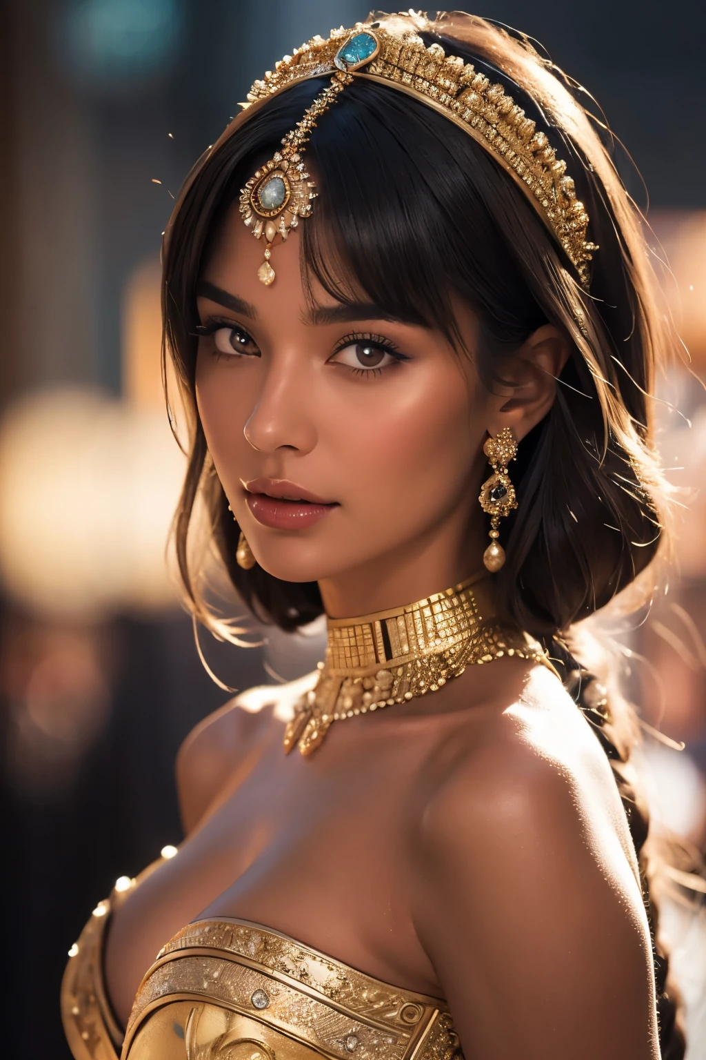 masterpiece,best quality, ultra highres,8k,16k,delicate photography, sharp line, sharp focus, (perfect anatomy:1.5), RAW photo, resolution, realistic ,ultra detailed,sharp focus,RAW photo,white,Cang,black,UHD,
break,
beautiful lady,
beauty hair,black One Length Bob hair,(blunt bangs:1.3),long lashes,Straight nose,
BREAK,
An ancient Egyptian queen with breathtaking beauty and a perfect figure. She has large breasts and wears a dazzling, ornate outfit adorned with gold and jewels. Her regal presence exudes elegance and power, with intricate accessories and a luxurious Cobra headdress.Ancient Egyptian Streets,
break,
Photo style,A magnificent composition,golden ratio,Fibonacci spiral composition,dramatic lightning,sinematic,epic scale,
BREAK,
large breasts,huge breasts,