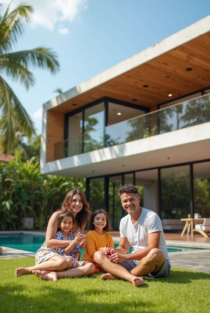 create 10 ultra definition images of beautiful houses in paradisiacal places, including a family consisting of a father, Mother, and 2 children aged 10 and 9, com a cara feliz com a compra da casa.
