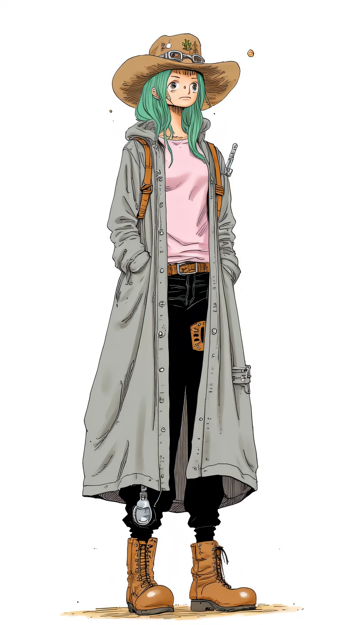 girl、background is stark white、on3pi3c3styl3、ground、pastel collar、Easy-to-read illustrations、 detailed hands、 Details、Perfect piece、high quality、32K、Alone、alone、 perfect eyes、detailed eyes、 beautiful face、high qualityな顔、(full body:1.6)、(Big Breasts:1.4)、cartoon dress character design、(perfect face:1.6)、Beauty、detailed illustration、Fine Lines、 nice smile、shame、Portrait Photography、 cute illustrations、((emerald green)hair、(brown)cowboy hat、rider goggles on the head、(gray) long jacket、(black)jeans、(brown) western boots 、Ancient weapons)