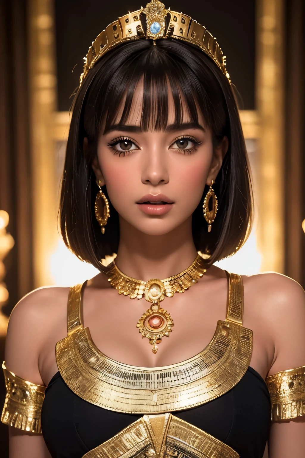 masterpiece,best quality, ultra highres,8k,16k,delicate photography, sharp line, sharp focus, (perfect anatomy:1.5), RAW photo, resolution, realistic ,ultra detailed,sharp focus,RAW photo,white,Cang,black,UHD,
break,
beautiful lady,
beauty hair,black One Length Bob hair,(blunt bangs:1.3),long lashes,Straight nose,
BREAK,
An ancient Egyptian queen with breathtaking beauty and a perfect figure. She has large breasts and wears a dazzling, ornate outfit adorned with gold and jewels. Her regal presence exudes elegance and power, with intricate accessories and a luxurious Cobra headdress.Ancient Egyptian Streets,
break,
Photo style,A magnificent composition,golden ratio,Fibonacci spiral composition,dramatic lightning,sinematic,epic scale,
BREAK,
large breasts,huge breasts,