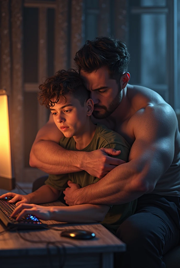 mature man, only, stalwart, stalwart male, (cause:1.3), look at viewer, 1 boy, bare shoulders, focus man, thigh, shorts, bare arms, Totally Nude, Embossed, Breakage of the chest, Sidepec, smile, bedroom, personal computer, , neon light, wolf tail, Bend your arms., A tense mouse is having sex with another wolf. Information