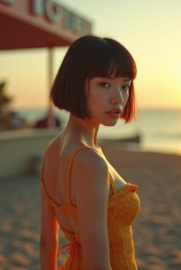 (Best quality, 8k, 32k, Masterpiece, UHD:1.2), NSFW, Photo of Pretty Japanese Model, Emi Fukuda face, large breasts, concise bob hair, upper body, face focus, maxi dress, no bra, simple background, cinematic lighting, sunset, from above, looking at the viewer,