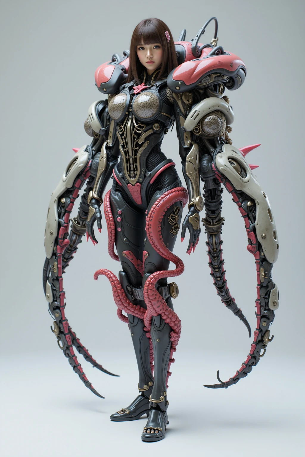 Realistic pictures of pink aliens with long tails, humanoid pink female squid girl, sil from species, charming Anger woman Digimon, humanoid form, snake woman hybrid, female alien, long shot Jorogumo, gadget hacker wrench, fine details. Anime. Tentacle, brownskin, 4-arm, cyborg octopus, six-arm, masterpiece quality, 8K resolution, best quality, motion shot