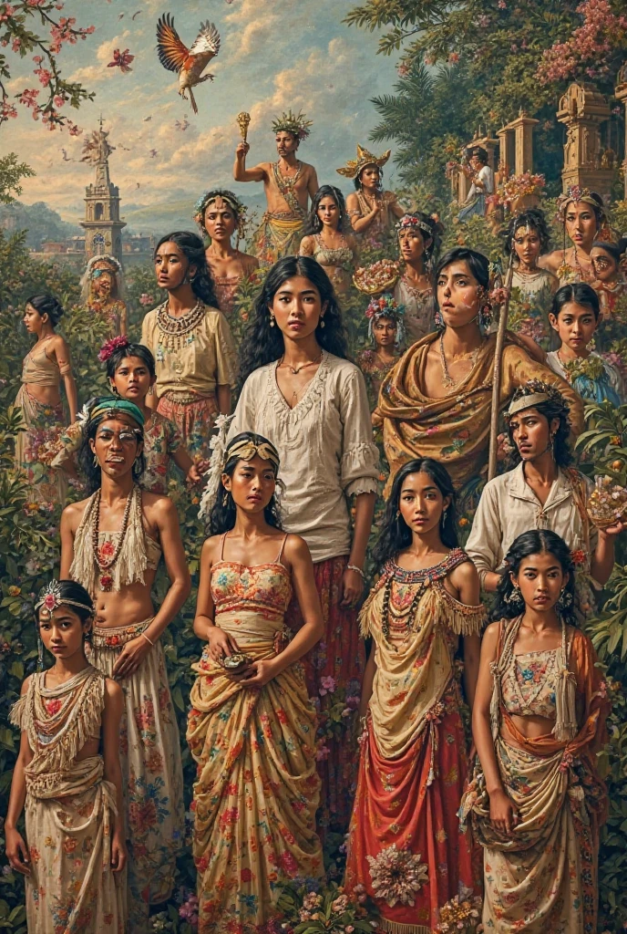 ancient Indian brother oil painting with multiple females naked