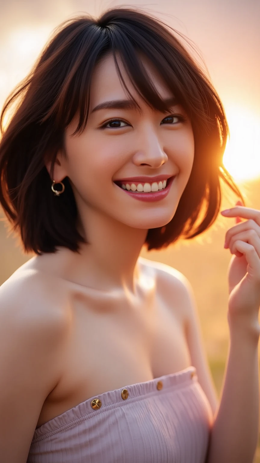 1girl in, masutepiece, ighly detailed, (Beautiful detailed glow), Lens Flare, White hair, Short hair, Floating hair, Looking back, Smile, Blue eyes, White Dress, medium breasts, full bodyesbian, Clouds, Backlighting, Purple Sky, Yellow Sky, Gradient sky,
