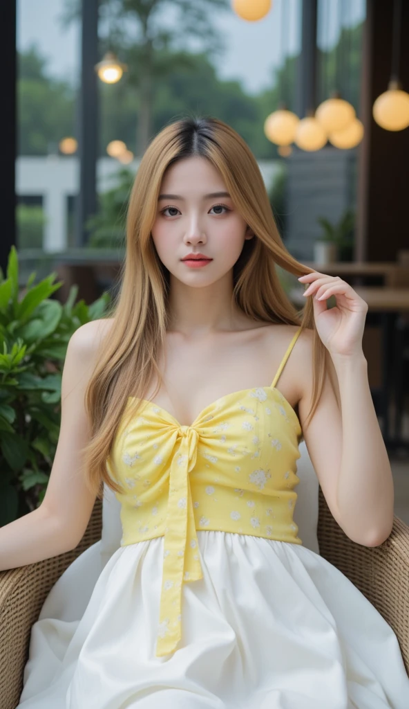 a blonde crespa,ucranian 18 years in a yellow dress,metálic collar pet, posing for a picture in a living room with a white couch and a orange curtain, private press, , a hologram, pink