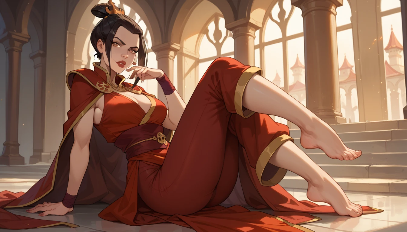 ultra-realistic 8k CG, masterpiece, ((ultra detailed background, fine drawing, intricate details, high detail, better quality fine details, hyper-detailed face)), (photorealistic: 1.4), beautiful lighting, absurdity, RAW photo, film grain, Azula, 1girl, smirk, solo, black hair, brown eyes, makeup, lipstick, red lips, single hair bun, navel, side strands, hair decoration, ((big breasts, slim girl,  wide hips)), ((unbuttoned kimono)), sitting on a throne, red throne, legs spread, ((complex detailed background, inside, dim lighting, moody lighting, inside the castle, inside, medieval castle environment)), erotica