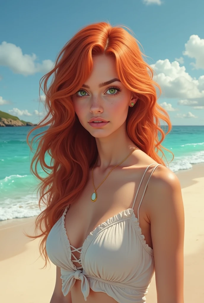 A woman between 17-19 years old who has features similar to Ariel from The Little Mermaid and has red hair and blue eyes and has legs and is realistic