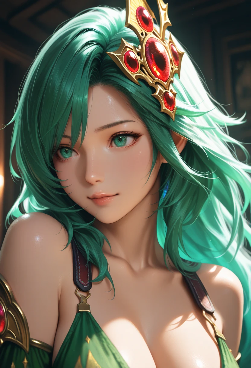 There is summer dale covered with flowers and grass and flying elemental wisps, There stand female sylph, she have beautiful face with green eyes, green eye shadows, and green lipstick, long windy emerald hair, and tattoos over all her body, arms and legs, she have naked top and and skirt made of green leaf and flowers, and windy aura around her, (ultra high quality fantasy art, dark fantasy style, masterpiece, ultra high quality character design, 8k quality anime art, realistic anime art, top quality wallpaper illustration, detailed ultra high quality accurate face, high quality design and accurate physic)