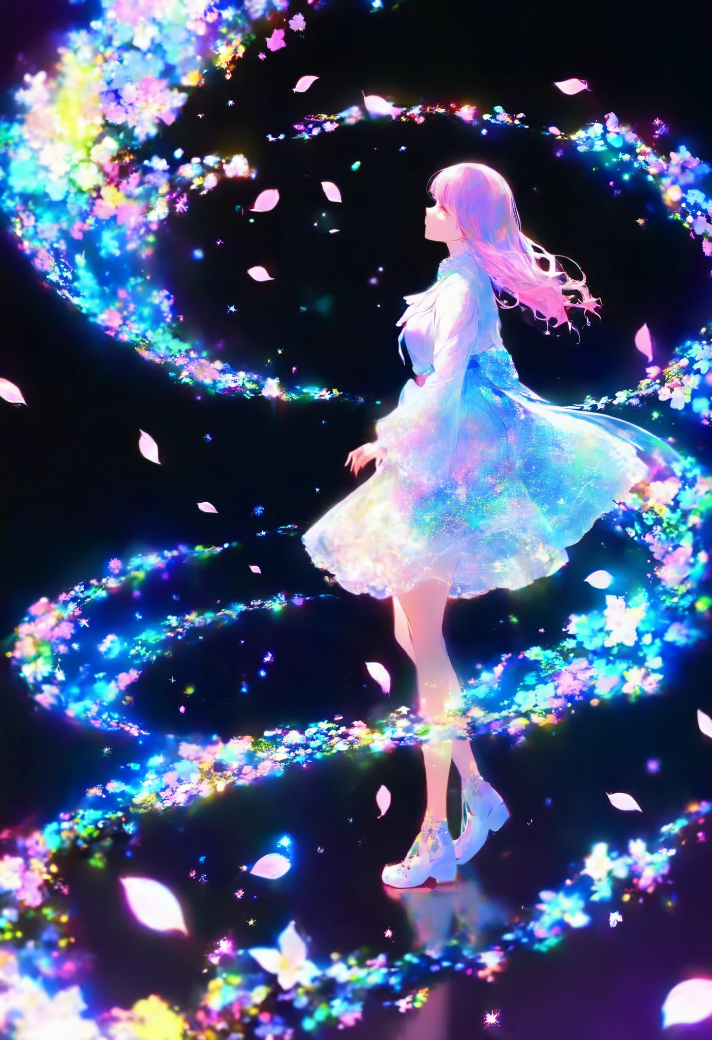 alone, 1 girl\ Cherry blossom petals dancing gracefully in the dark, 空中を舞う🌸の光 , 0__11Xx _illu, illustrations, multi-colored brilliance , Three-dimensional glowing , Clear and attractive sharp shine ,
Walking in a fantastic world, Walking full of joy,
Detailed Illusion of Walking in the Wind, 煌く🌸が風の存在を演出します,