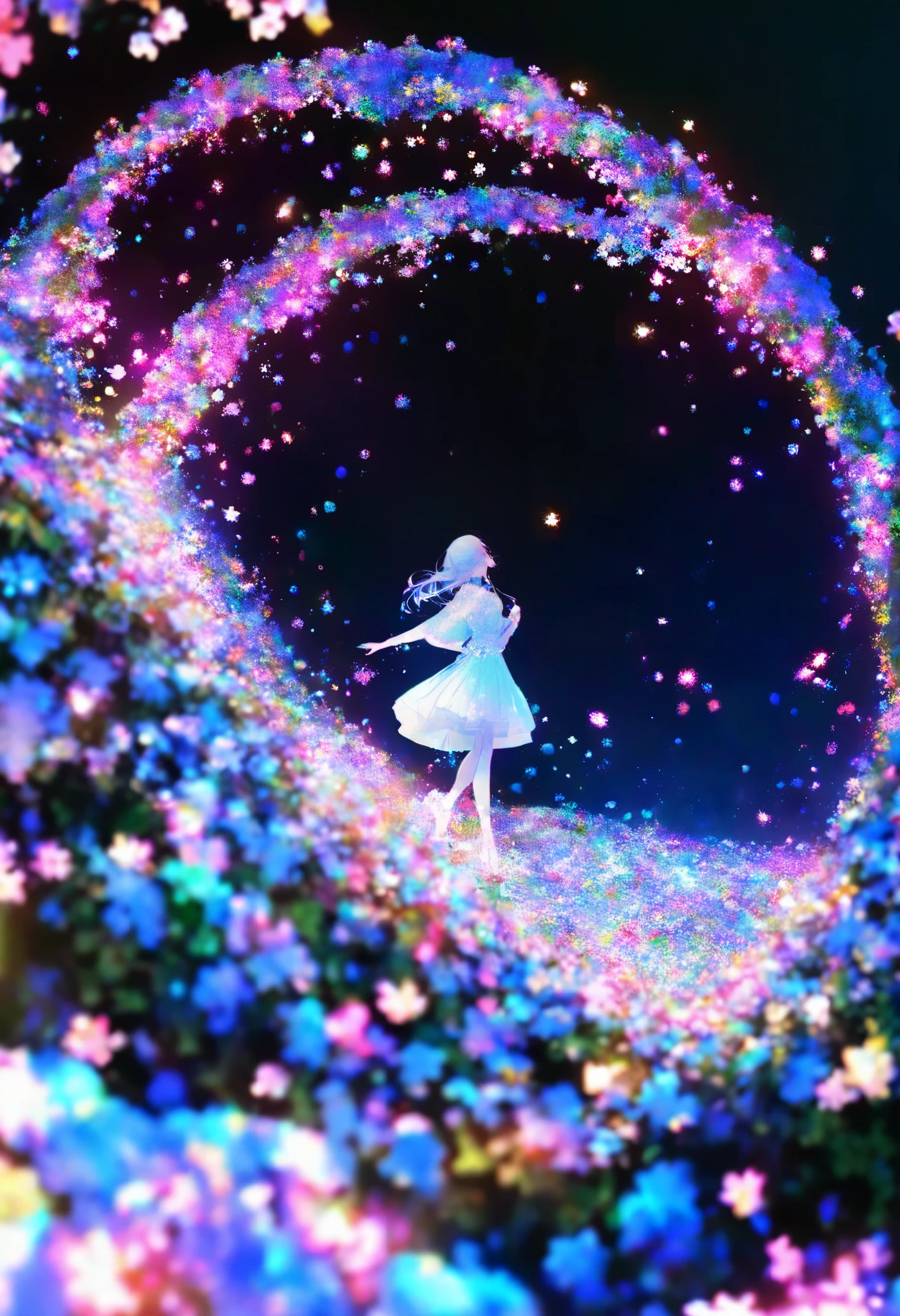 alone, 1 girl\ Cherry blossom petals dancing gracefully in the dark, 空中を舞う🌸の光 , 0__11Xx _illu, illustrations, multi-colored brilliance , Three-dimensional glowing , Clear and attractive sharp shine ,
Walking in a fantastic world, Walking full of joy,
Detailed Illusion of Walking in the Wind, 煌く🌸が風の存在を演出します,