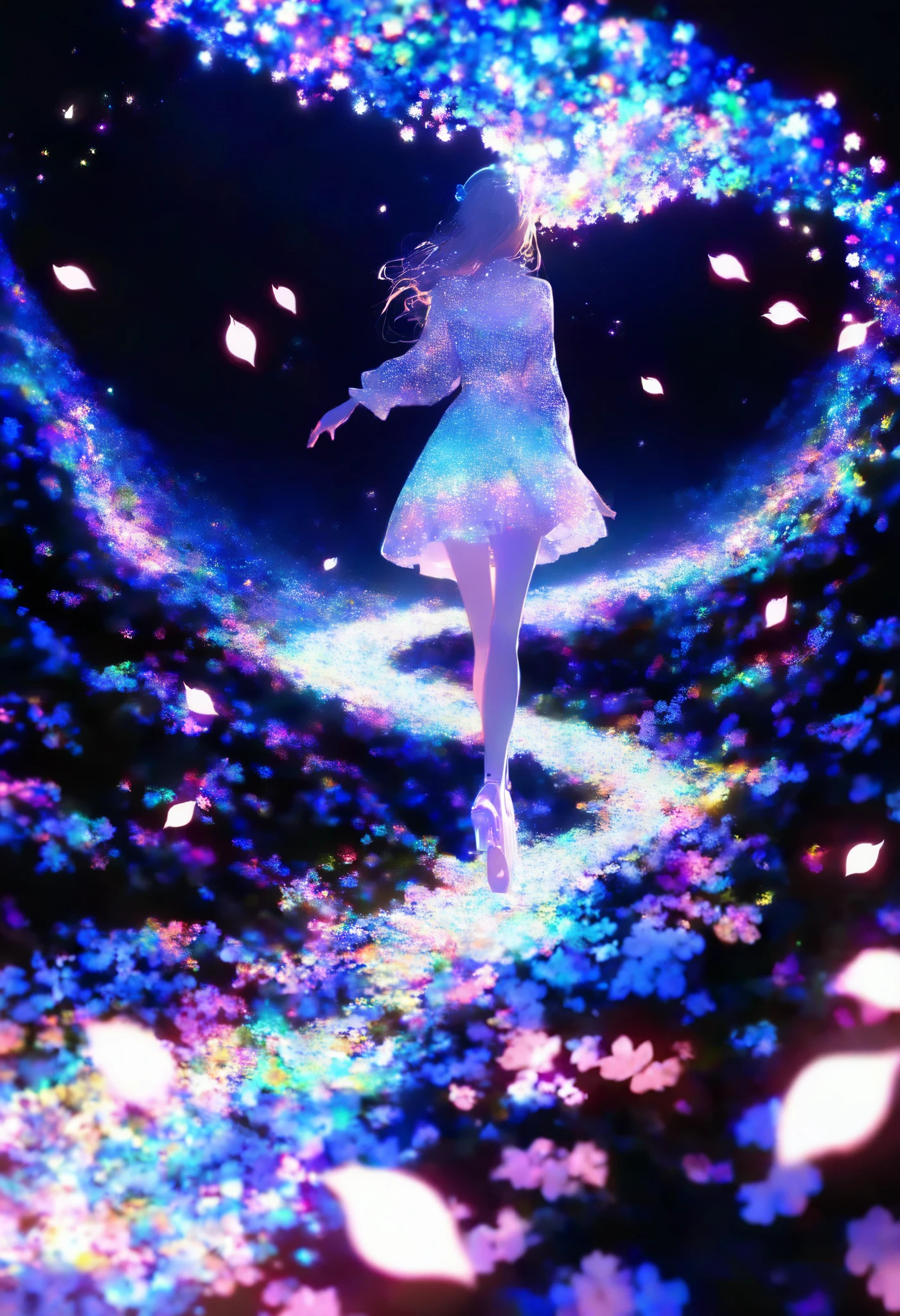 alone, 1 girl\ Cherry blossom petals dancing gracefully in the dark, 空中を舞う🌸の光 , 0__11Xx _illu, illustrations, multi-colored brilliance , Three-dimensional glowing , Clear and attractive sharp shine ,
Walking in a fantastic world, Walking full of joy,