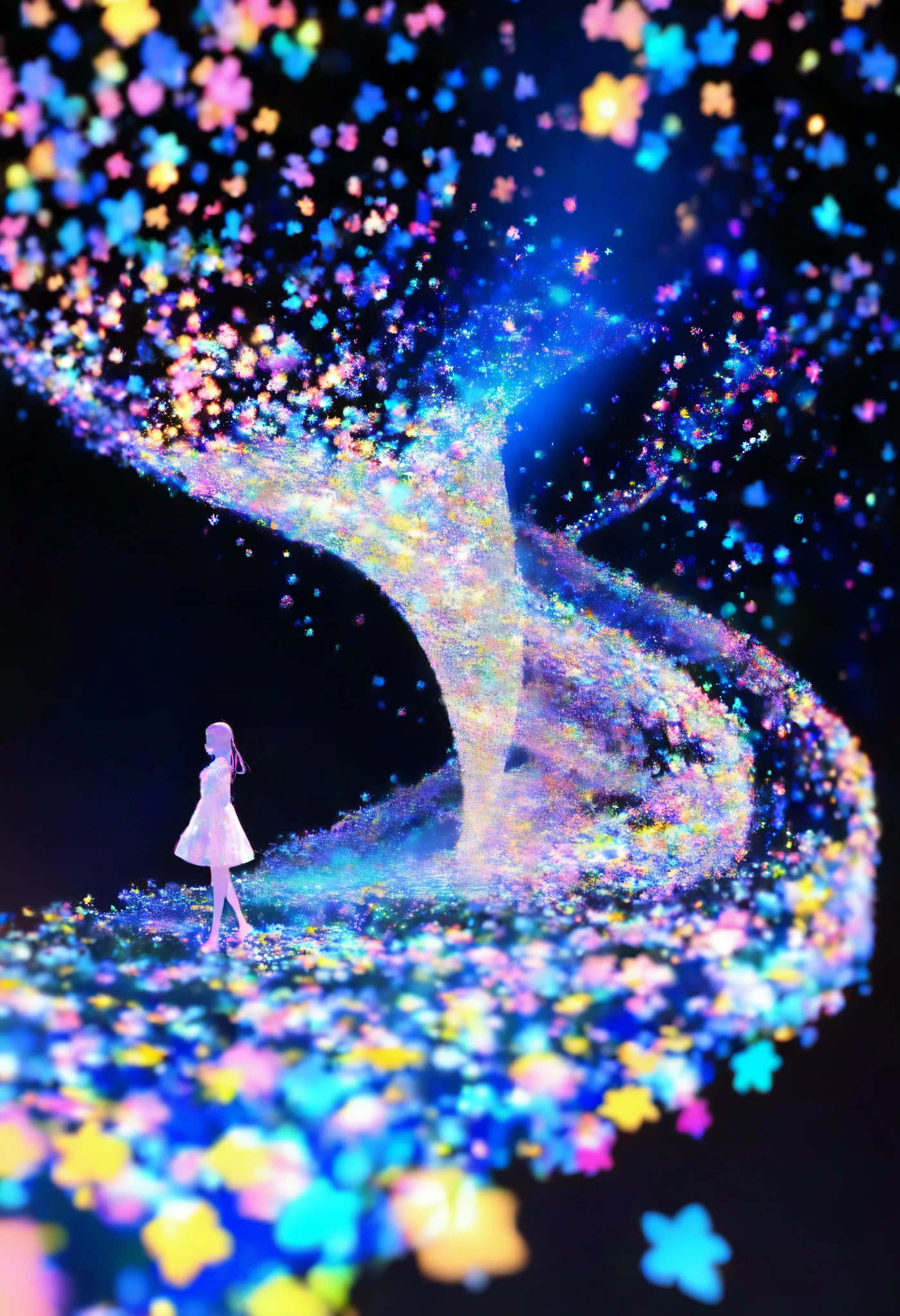 alone, 1 girl\ Cherry blossom petals dancing gracefully in the dark, 空中を舞う🌸の光 , 0__11Xx _illu, illustrations, multi-colored brilliance , Three-dimensional glowing , Clear and attractive sharp shine ,
Walking in a fantastic world, Walking full of joy,
Detailed Illusion of Walking in the Wind, 煌く🌸が風の存在を演出します,