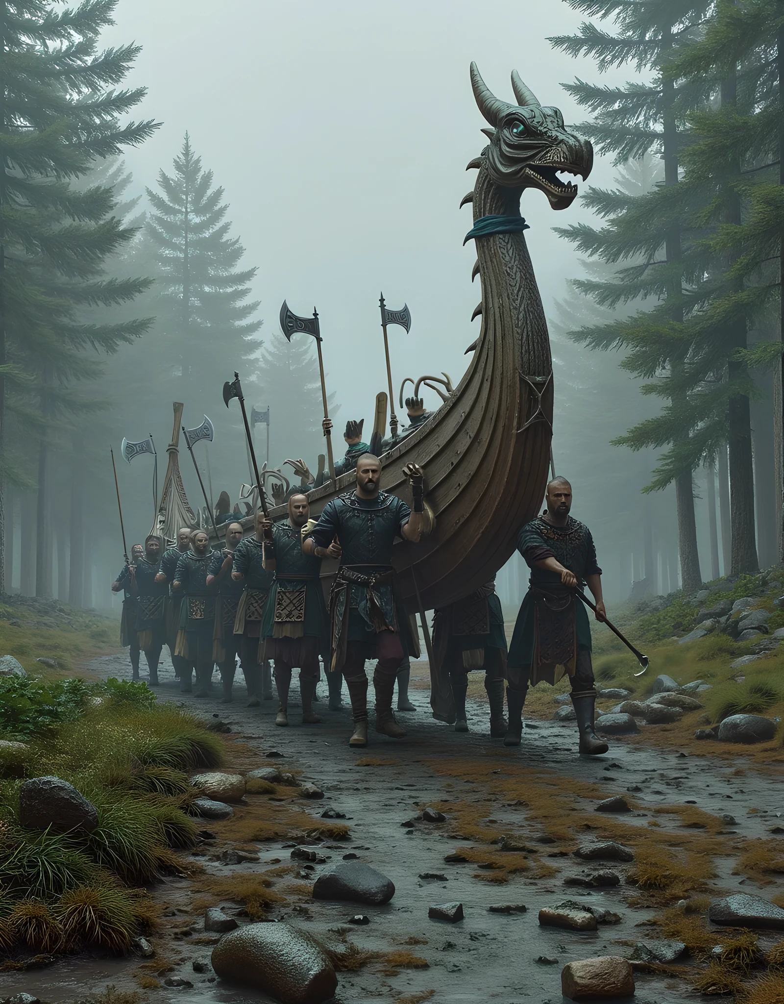 **Prompt:** Design a breathtakingly detailed landscape scene depicting Viking raiders units picking, lifting, and carrying up the long wooden boat on the tumultuous land of the medieval North deep forest. Showcase hyper-realism in the composition, featuring a long size Viking long dragon wooden war boat lifted by viking raider unit. Capture the action from an ultra-wide angle to fully immerse the viewer in the dramatic, forest environment. Illustrate the Viking raiders in elaborate, historically-accurate armor, walking in organized battle formation, with intricately crafted battle axes raised in readiness for the impending conflict. Focus on dynamic leading lines within the composition that draw the viewer's gaze across the scene, accentuated by a rich UHD color palette that creates an atmospheric contrast between the boat and the warriors. Pay particular attention to the anatomy of the sailors, highlighting the strength and resolve in their hands as they prepare for fiercing. As you zoom out, ensure the entire regiment is depicted in all its fierce glory, maintaining a depth of field that amplifies the visual impact. Utilize cutting-edge 3D CGI textures to breathe life into this depiction of Viking valor, creating a visually stunning PiratePunkAi artwork that captures the essence of an epic on of viking raider depiction.