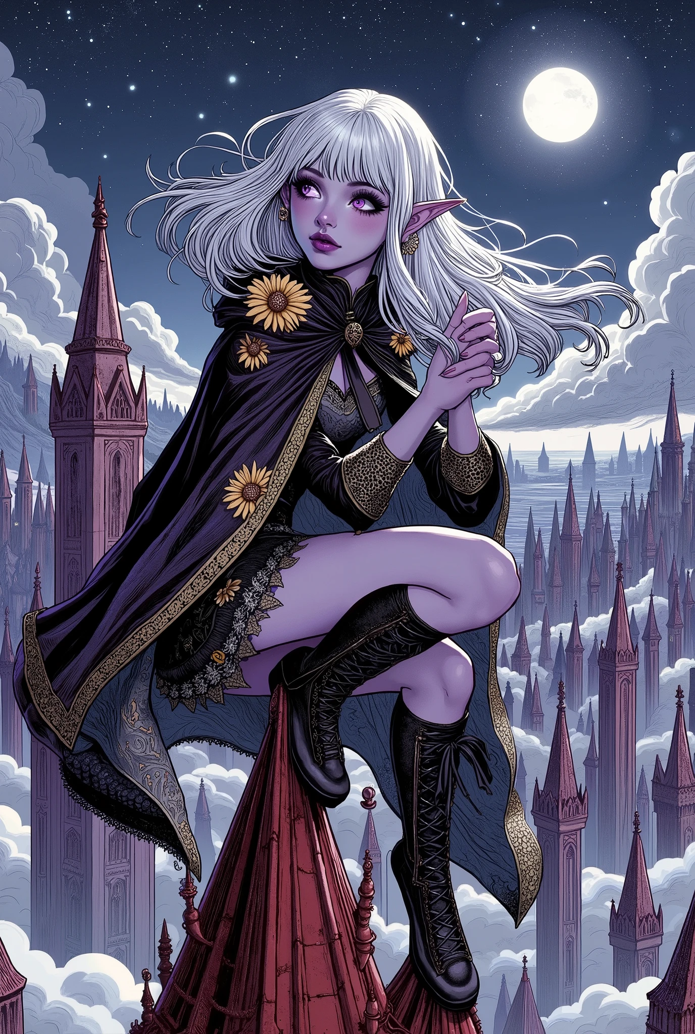(Ultra-detailed face, Looking away, Gothic Illustration, Dark tone colors. She has five fingers on her hands and five toes on her feet.), BREAK 
(The night sky with the moon rising like a narrow white cat's eye. A red rusted city with many Gothic style spires standing like needlepoint mountains. The landscape looks up at an angle from the ground to the sky. The wind is swirling like a hurricane, blowing a fierce updraft from the ground to the sky.), BREAK 
(A young female dark elf rogue, boldly posed, sits atop a bare spire of red rust floating tacks, gears and pipes, looking down on the city.),  BREAK 
(The dark elf woman has white hair, white eyebrows, blunt bangs, waist-length long wavy hair, small pink lips, sparkling lavender eyes, clear white skin, and thick eyeliner. Her hair is blown up into the air.), (She wears a jet-black ribbon tie and a short, tight, jet-black cape dress made of a raven-feather-like fabric with golden lace ruffles and embroidered yellow sunflowers. She wears knee-length boots with black ribbons.)
