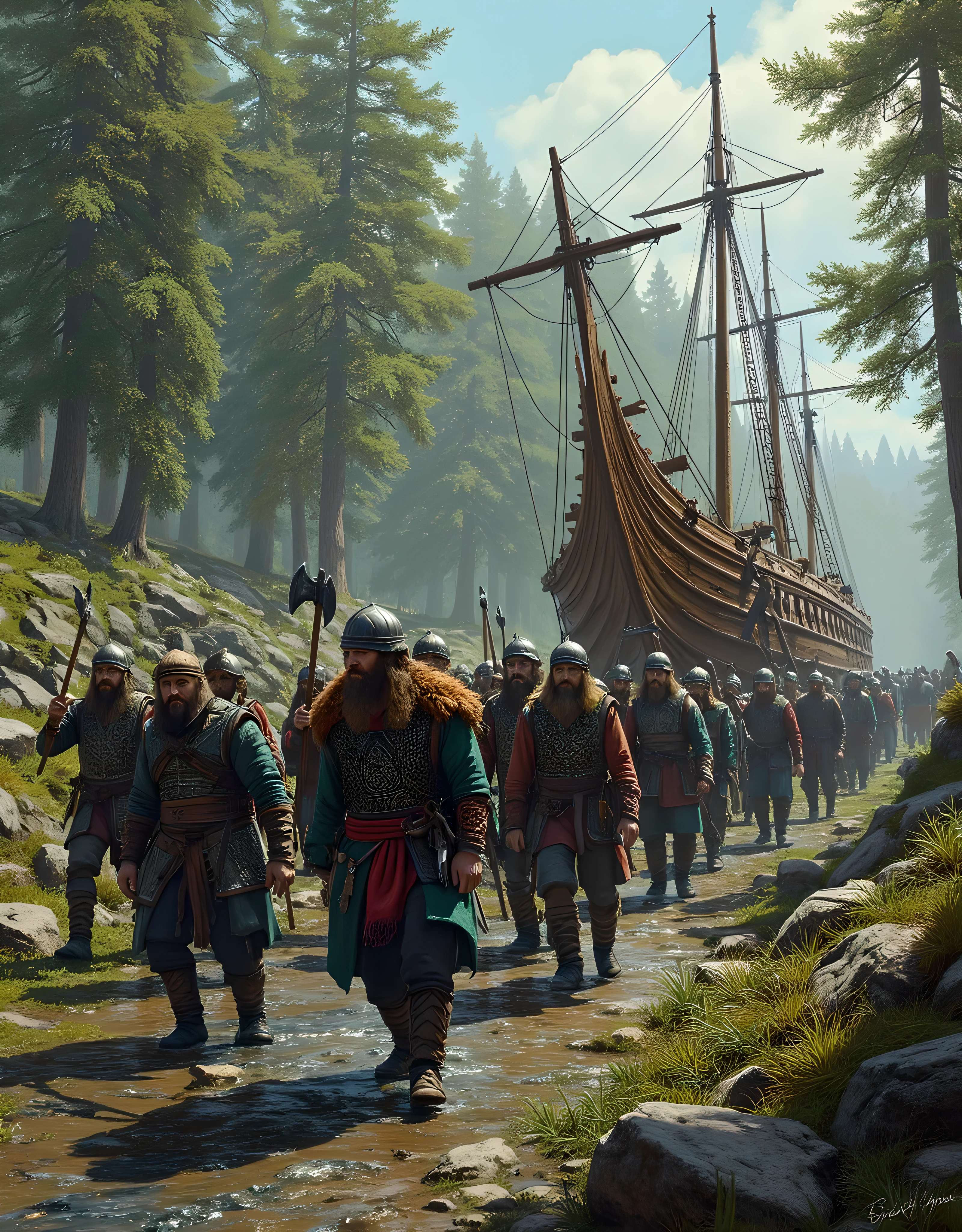 **Prompt:** Create an awe-inspiring detailed landscape scene that captures the sheer intensity of Viking raiders as they work together to lift and transport a wooden long dragon war boat through the rugged terrain of a medieval Northern forest. Demonstrate hyper-realism in your artwork, showcasing the intricate details of the Viking vessel, with its elaborate carvings glistening against the dense, green foliage. Use an ultra-wide angle perspective to draw the viewer into the tumultuous atmosphere of the scene, where Viking warriors clad in meticulously crafted, historically-accurate armor march in disciplined formation, battle axes held high, ready for the quest ahead. Incorporate dynamic leading lines to guide the eyes across the composition, utilizing a vivid UHD color palette that enhances the contrast between the earthy tones of the forest and the bold colors of the warriors. Pay special attention to the fierce determination evident in the sailors' hands, emphasizing their profound strength as they prepare for the challenges that lie ahead. As you zoom out, ensure to depict the full regiment in magnificent detail, capturing the essence of Viking valor in a breathtaking PiratePunkAi artwork that transports viewers to a time of epic adventures and heroic quests.
