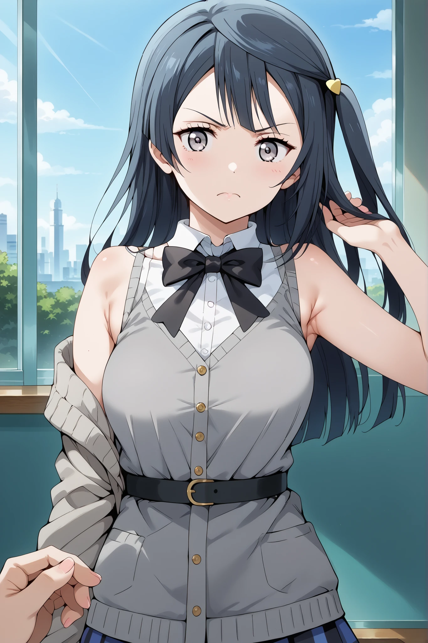score_9, score_8_up, score_7_up, source_anime, 4K,perfect fingers,(perfect hands, perfect anatomy),prefect lighting, very aesthetic, intricate details,highly detailed background, masterpiece, high quality, best quality,
1girl, setsuna yuuki, yuuki setsuna (love live!), long hair, bangs, black hair, sidelocks, grey eyes, one side up, hair ornament, Large Breast,,
wearing ((black bowtie,white shirt,sleeveless, off shoulder, grey cardigan, )),,
looking at viewer, (cowboy shot:1.5),armpits,arm up, (angry), pov,