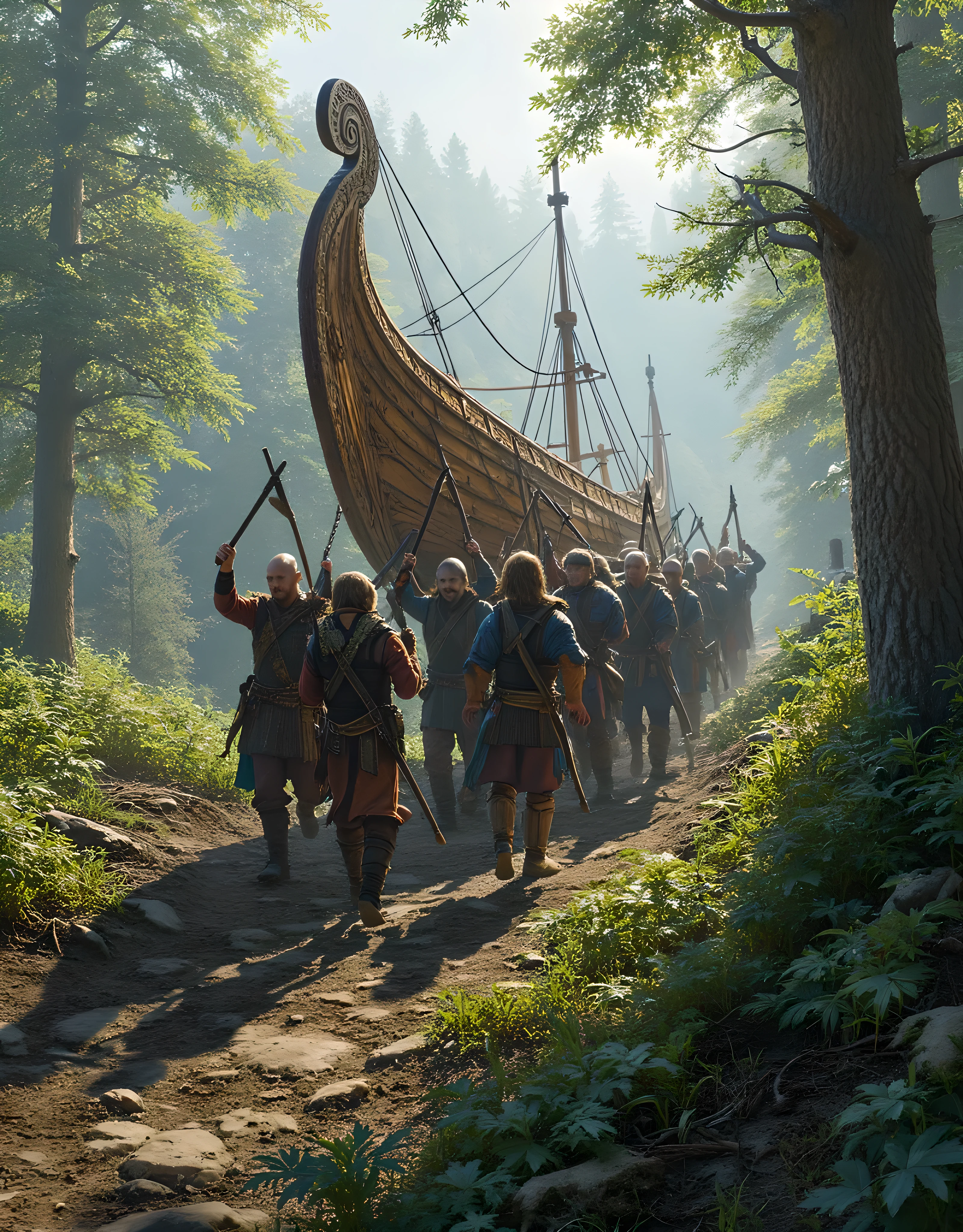 **Prompt:** Create an awe-inspiring landscape scene that captures the sheer intensity of Viking raiders as they work together to lift and transport a wooden long dragon war boat through the rugged terrain of a medieval Northern forest. Demonstrate hyper-realism in your artwork, showcasing the intricate details of the Viking vessel, with its elaborate carvings glistening against the dense, green foliage. Use an ultra-wide angle perspective to draw the viewer into the tumultuous atmosphere of the scene, where Viking warriors clad in meticulously crafted, historically-accurate armor march in disciplined formation, battle axes held high, ready for the quest ahead. Incorporate dynamic leading lines to guide the eyes across the composition, utilizing a vivid UHD color palette that enhances the contrast between the earthy tones of the forest and the bold colors of the warriors. Pay special attention to the fierce determination evident in the sailors' hands, emphasizing their profound strength as they prepare for the challenges that lie ahead. As you zoom out, ensure to depict the full regiment in magnificent detail, capturing the essence of Viking valor in a breathtaking PiratePunkAi artwork that transports viewers to a time of epic adventures and heroic quests.