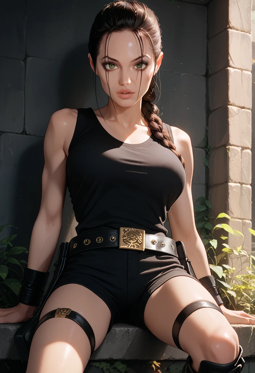 Lara Croft, eyes browns, (best qualityer, ultra details), (realisitic:1.37), beautiful and detailed face, ultra-realisitic texture, Exquisite face, Delicate body, red lipgloss stick, shiny colors. High definition, 8k