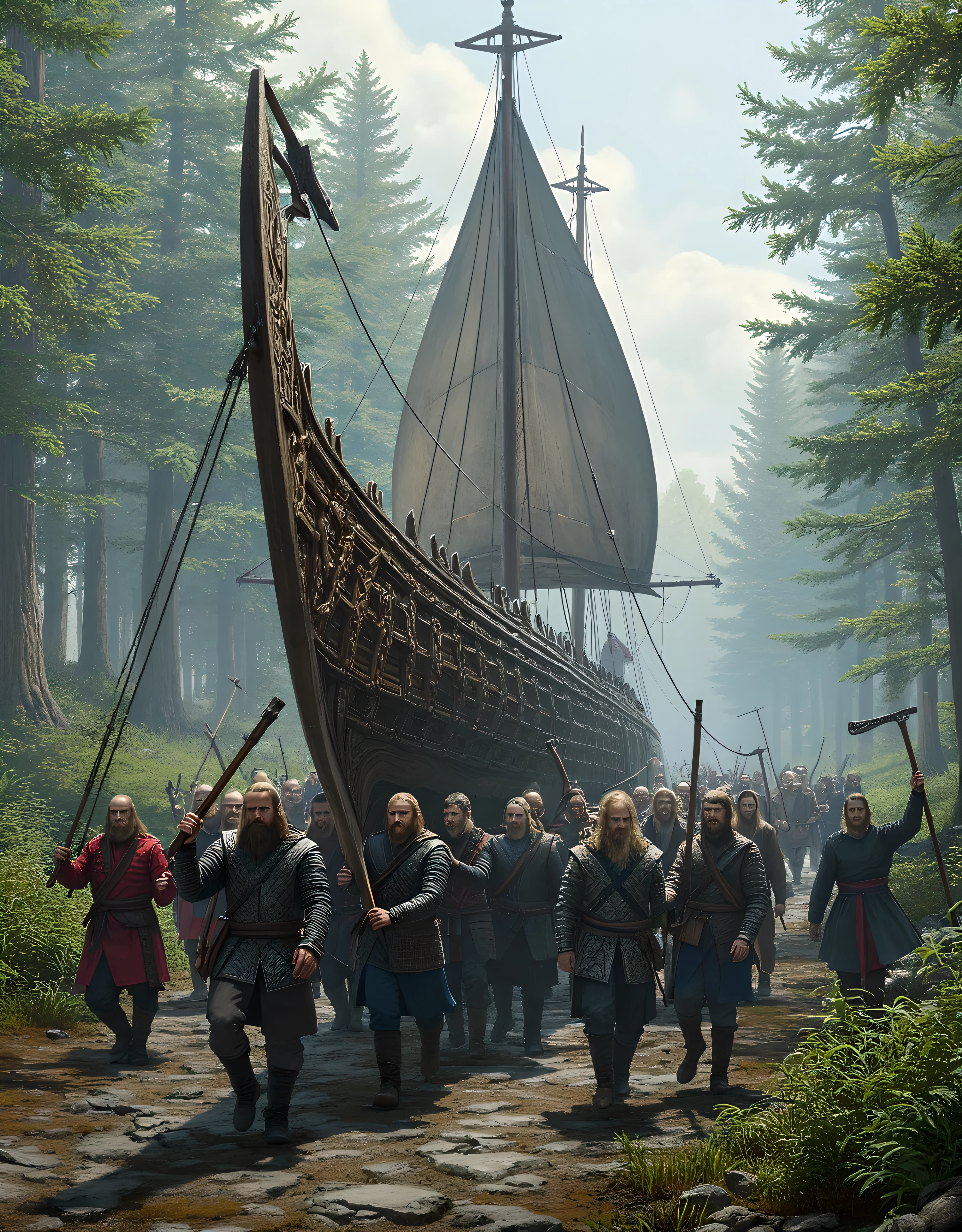 **Prompt:** Create an awe-inspiring landscape scene that captures the sheer intensity of Viking raiders as they work together to lift and transport a majestic long dragon war boat through the rugged terrain of a medieval Northern forest. Demonstrate hyper-realism in your artwork, showcasing the intricate details of the Viking vessel, with its elaborate carvings glistening against the dense, green foliage. Use an ultra-wide angle perspective to draw the viewer into the tumultuous atmosphere of the scene, where Viking warriors clad in meticulously crafted, historically-accurate armor march in disciplined formation, battle axes held high, ready for the quest ahead. Incorporate dynamic leading lines to guide the eyes across the composition, utilizing a vivid UHD color palette that enhances the contrast between the earthy tones of the forest and the bold colors of the warriors. Pay special attention to the fierce determination evident in the sailors' hands, emphasizing their profound strength as they prepare for the challenges that lie ahead. As you zoom out, ensure to depict the full regiment in magnificent detail, capturing the essence of Viking valor in a breathtaking PiratePunkAi artwork that transports viewers to a time of epic adventures and heroic quests.