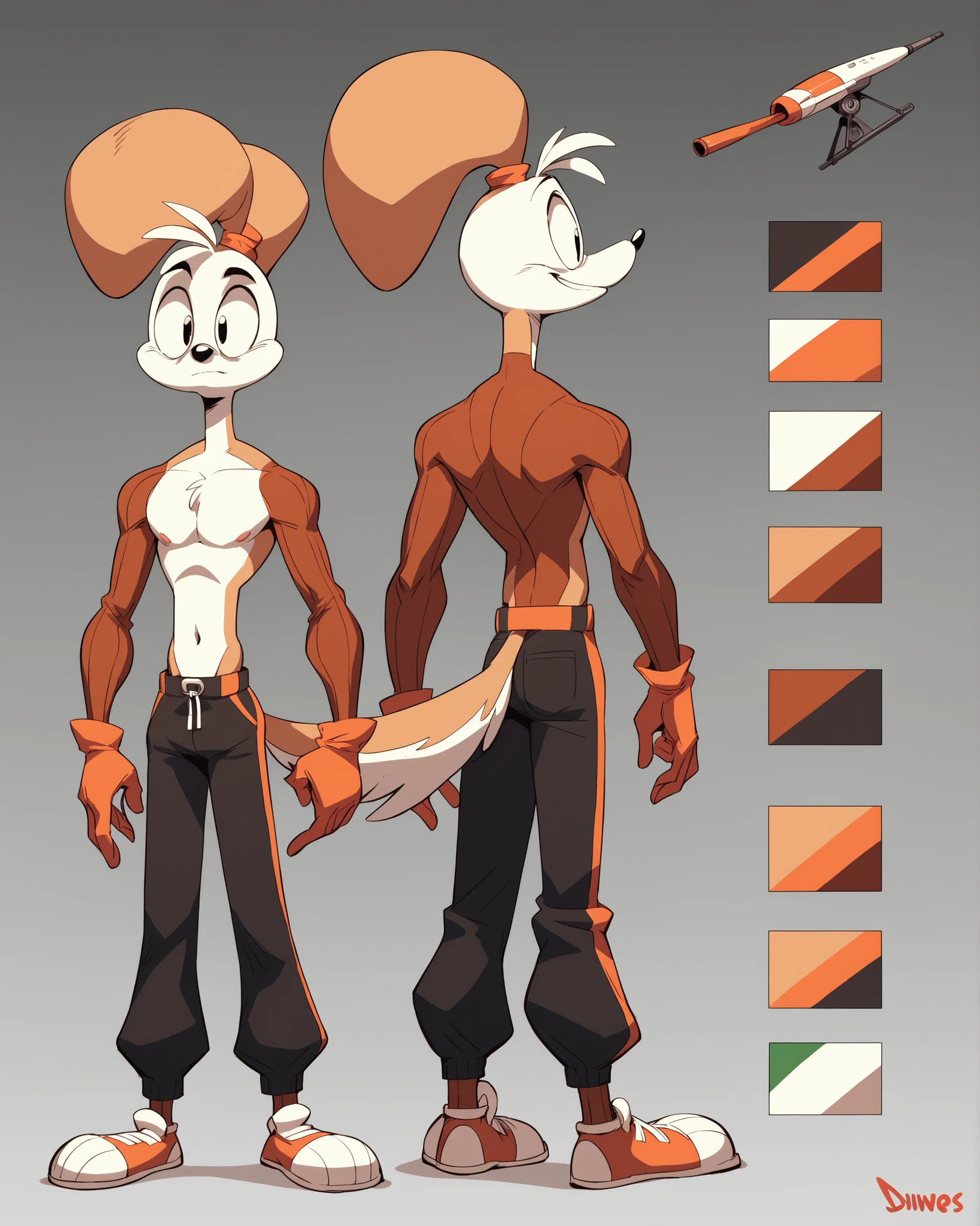 A full body view of Bulder aka Dune Duster, the male anthro dog with a earth-themed brown supersuit. He is standing on a rocky terrain background. The character sheet contains information about his species, level, health, and other attributes., tiny toons style, by diives, 