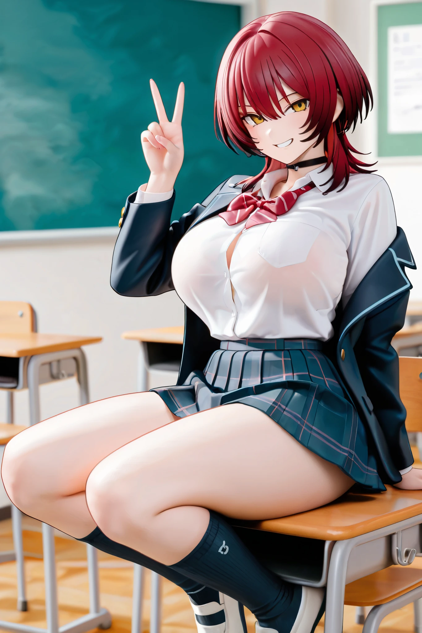 (masterpiece:1.5, highest quality), Beautiful illustrations, whole body, 1 girl, Japanese, high school girl, ((short hair:0.5)), Large Breasts:0.8, Beautiful Hair, Beautiful Face, Beautiful fine black eyes, Beautiful clavicle, Beautiful body, Beautiful breasts, Beautiful thighs, Beautiful feet, Beautiful fingers, (Beautiful views), In town, ((school uniform)), Red Hair, Cleavage, ((Collared shirt, White shirt, Grey plaid pleated skirt, Black Derby Tie,blazer))